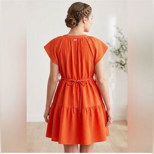 CALVIN KLEIN Orange Tiered A-Line Dress Fluttered Short Sleeve Tie waist Size 8